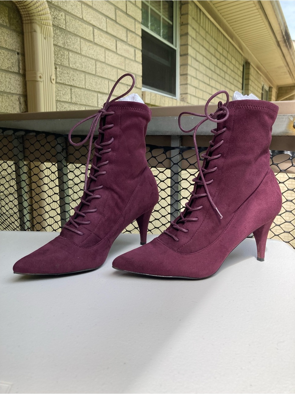Purple Suede Lace Up Pointed Toe Booties Size 9